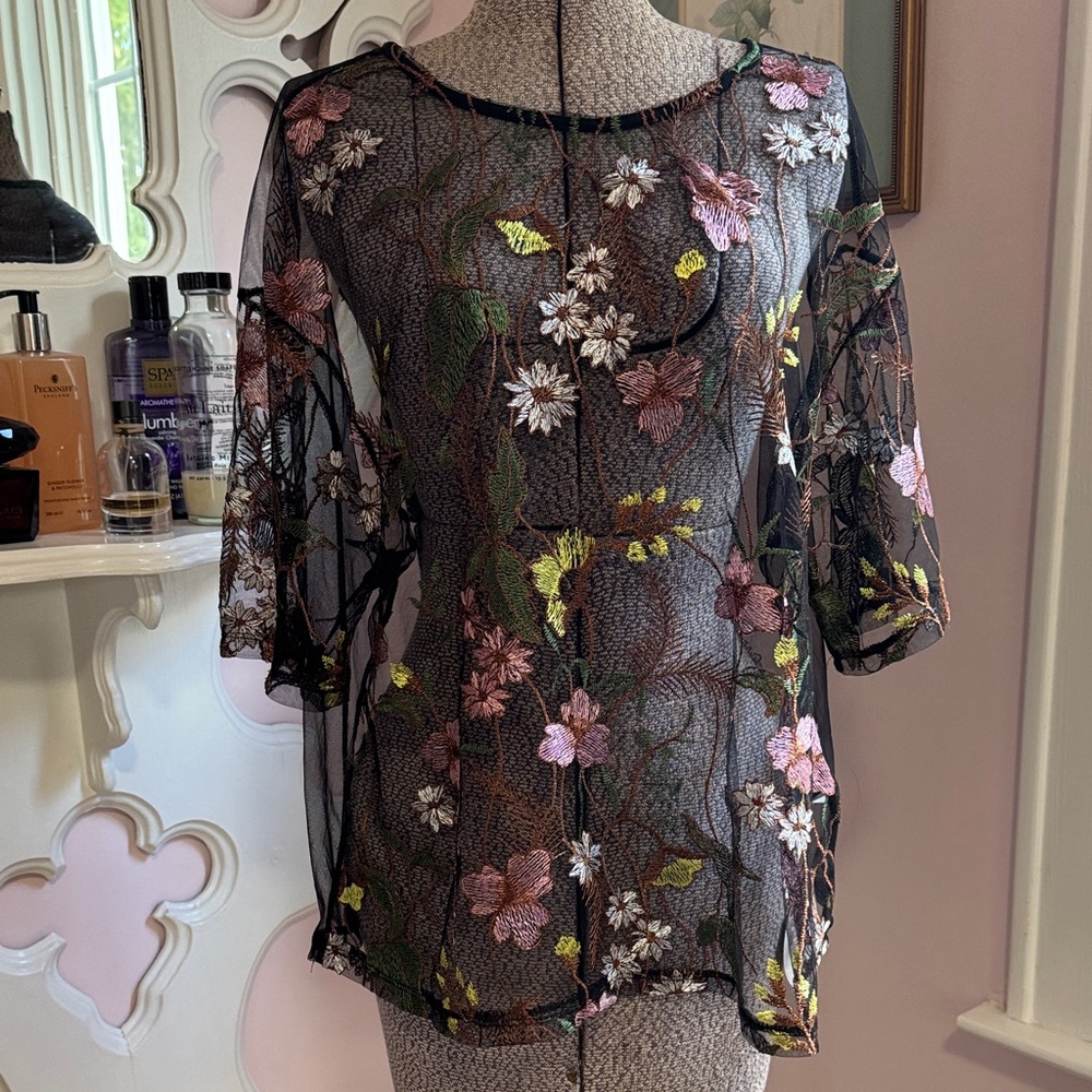 SHEIN Multicolor Floral Sheer Blouse 0XL